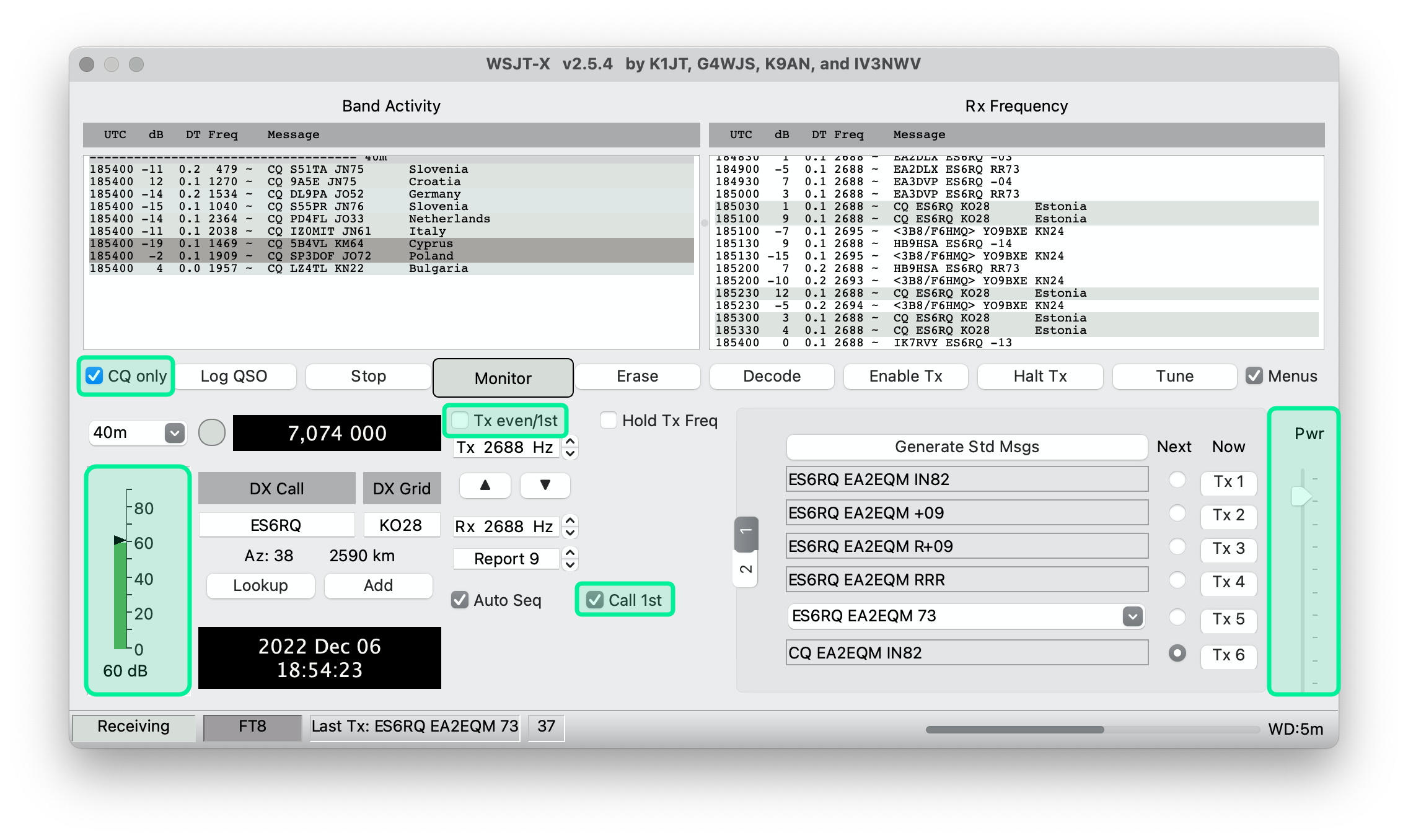 WSJTX programaren leiho nagusia, atal batzuk azpimarratuta dituela: CQ only, TX even / 1st, Call 1st, eta dB eta Power eskalak.